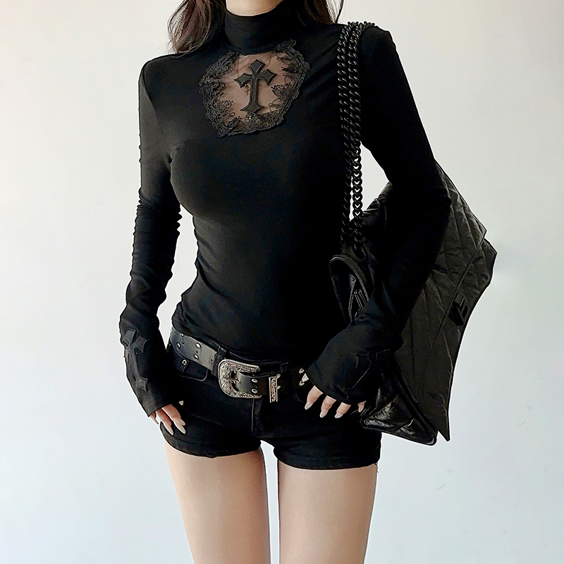 Wannathis Gothic Top Black Hollow-Out Cross T-Shirt Dark Girl Style Half Skirt Fashion Set