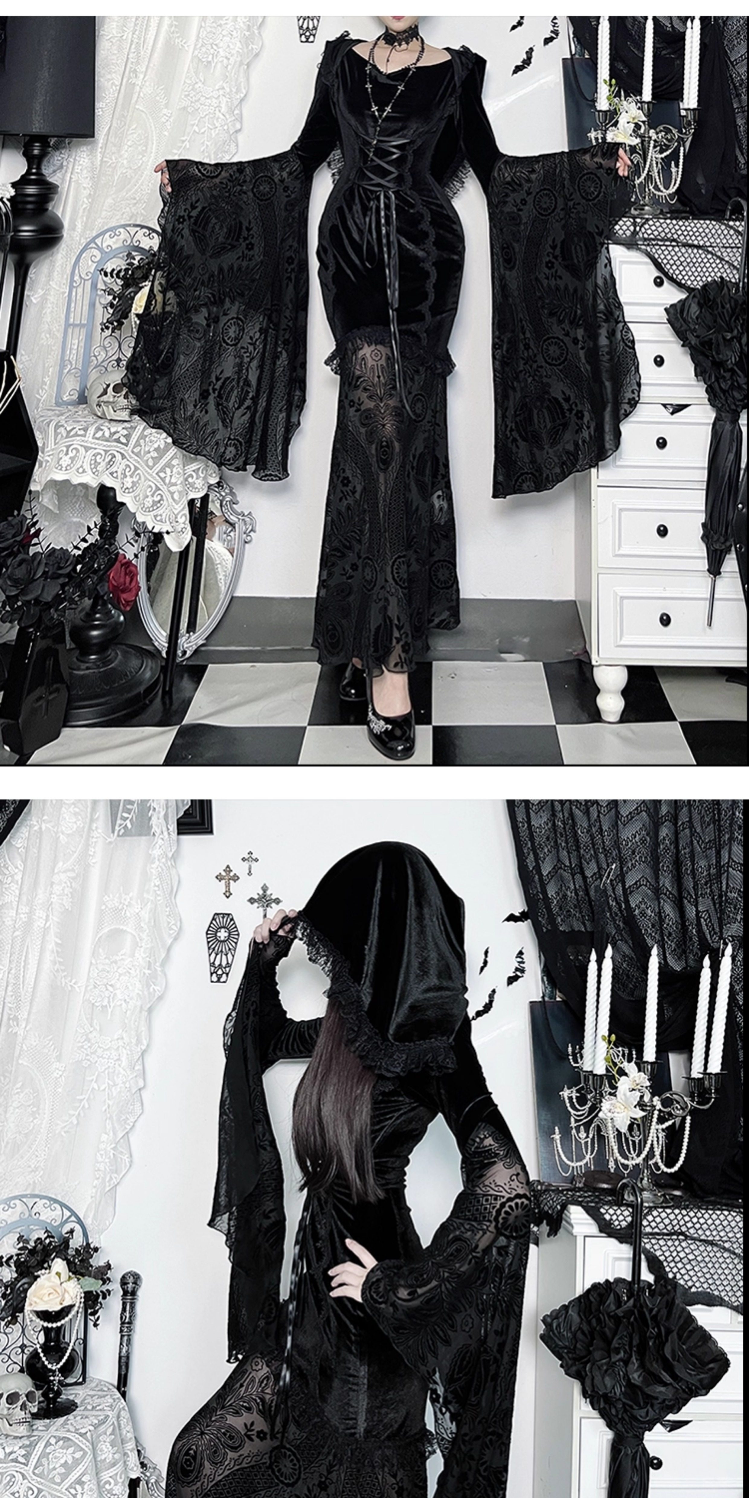 Wannathis Gothic Lace Dark Witch Cosplay Long Dress