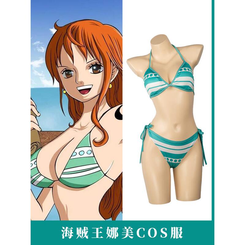 One Piece Anime Cosplay Clothes Nami Yukata Cosplay Women's Green and White Striped Swimsuit Ready-Made Set