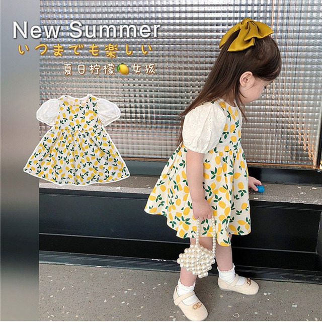 Girl Summer Dress Print Foreign Dress 2021 New Foreign Pie Girl Short Sleeve Crumbed Dress Korean Version Children's Baby Skirt