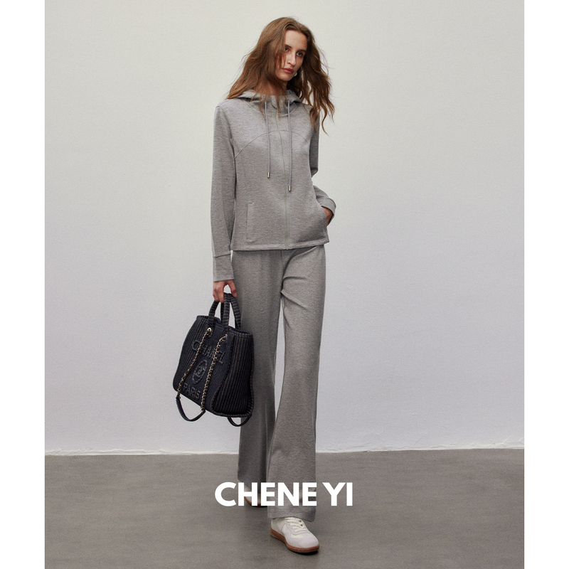 Chene Yi Mulberry Silk Blend Fitted Waist Urban Light Sports Style Hooded Sweatshirt + Casual Pants Set for Women
