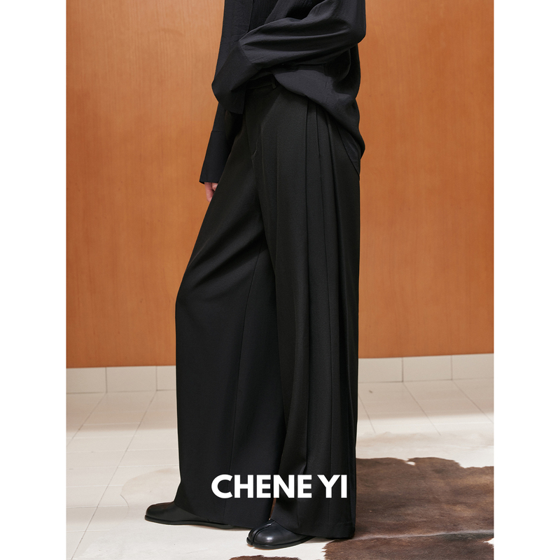 Chene Yi Wool Blend Side Pleated Design Wide-Leg Pants Women's Straight Casual Pants Versatile Slimming Dress Pants