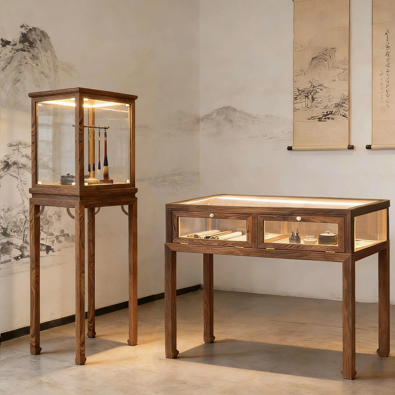 Solid Wood Display Cabinet with Glass Doors, Led Lighting, Museum-Style Showcase, Vintage Display Rack