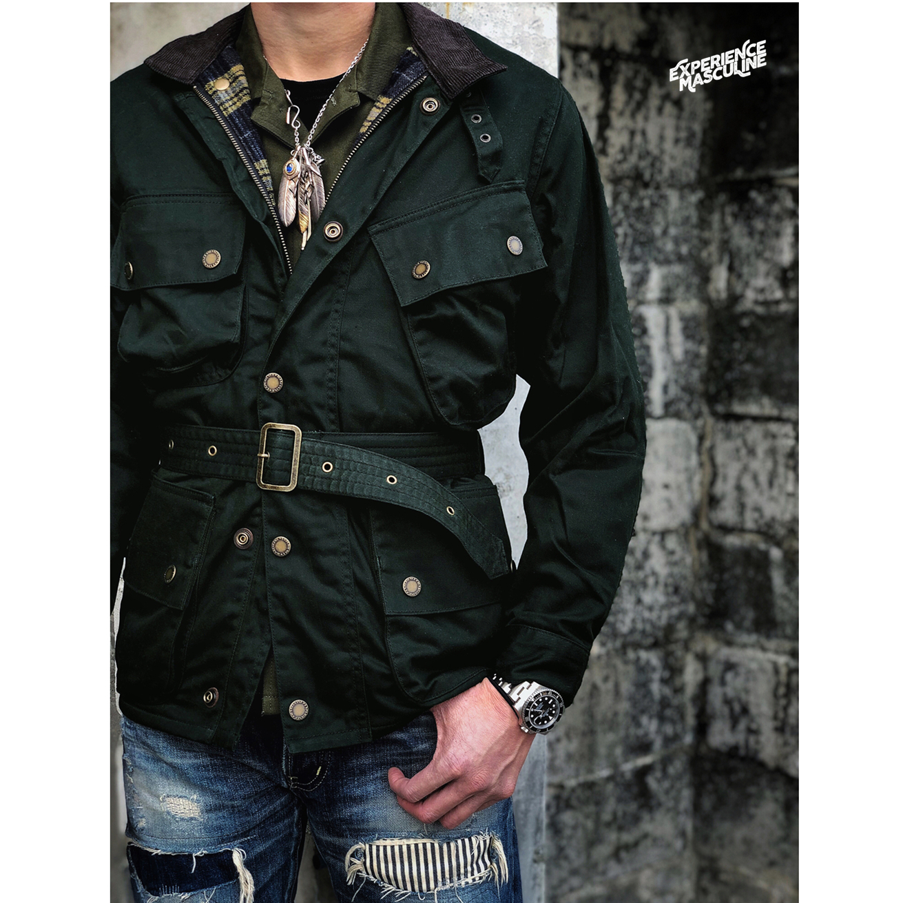 Chaimi American retro heavy oil wax cloth mid-length jacket men's hunting motorcycle jacket windbreaker Ami khaki winter