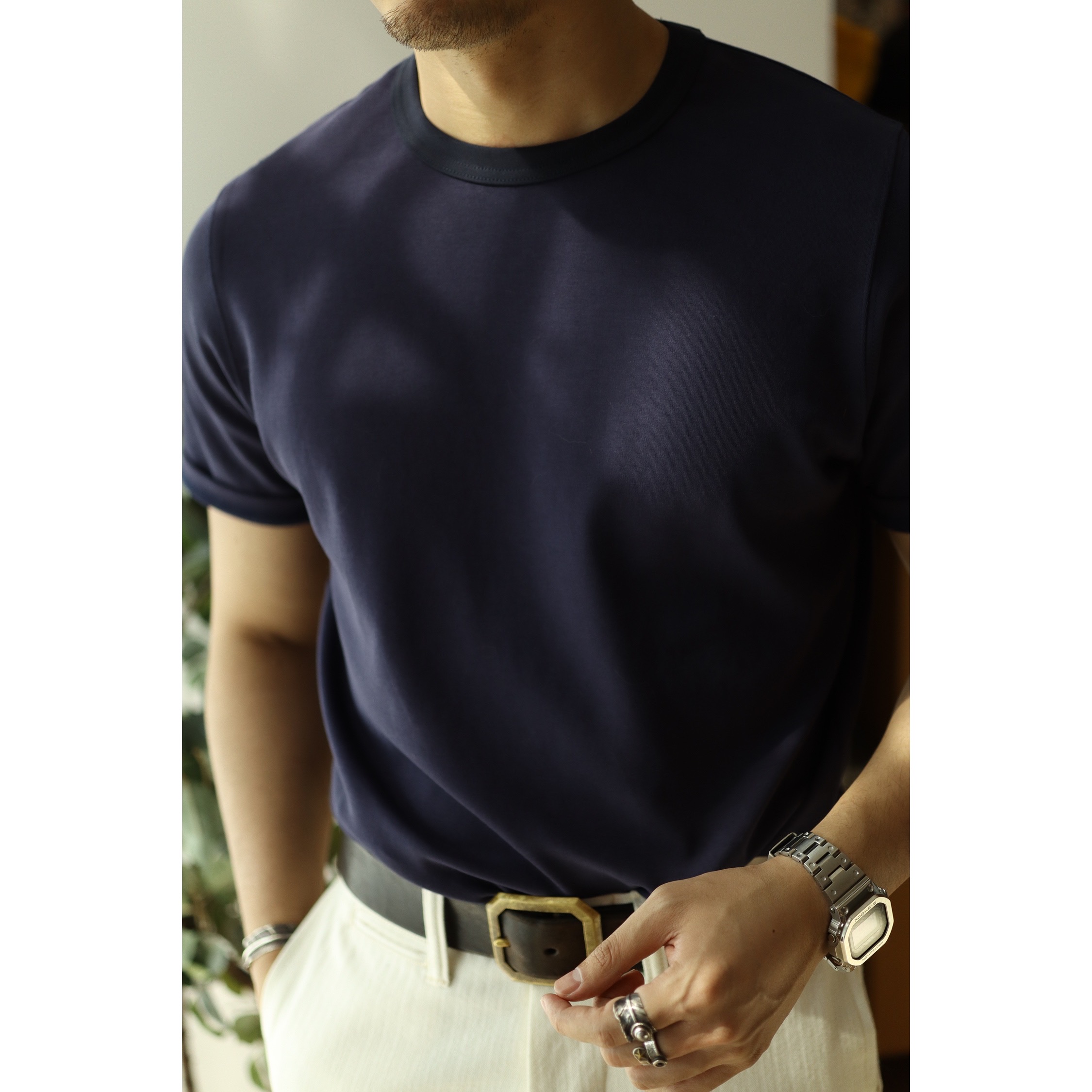 Chai Mi Pima cotton base short sleeve T-shirt American vintage crew neck cotton gentleman solid color summer Ami ka-chi