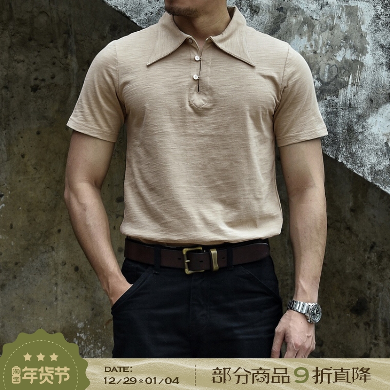 Chaimi American retro heavy T-shirt slub cotton Tianzhu pure cotton lapel polo shirt V-neck short-sleeved Ami Khaki