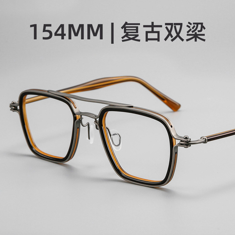 High-End, Luxurious, and Stylish Men's Eyeglass Frames with a Japanese Retro Double-Bridge Square Design, Suitable for Prescription Lenses