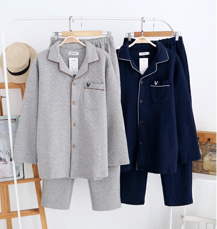 Mens đồ ngủ mùa thu cotton dài tay bộ lớp không khí mùa đông bông mã lớn cộng với chất béo lỏng lẻo đoạn tăng bông.