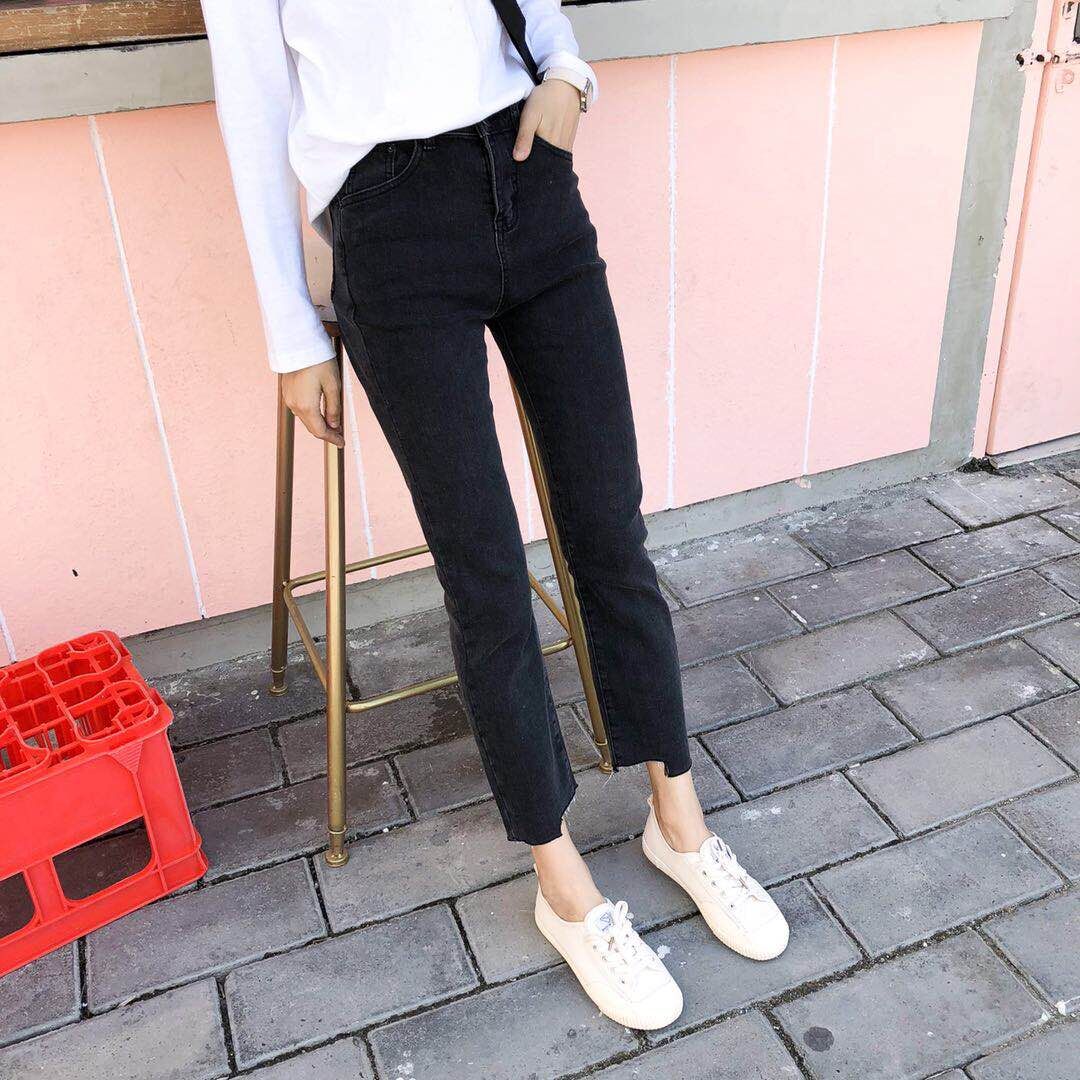 Qiqi Qiqi 9153 mùa thu Hàn Quốc ulzzang sanding nhung mỏng cao eo đàn hồi mỏng denim thẳng quần shop quần áo nữ
