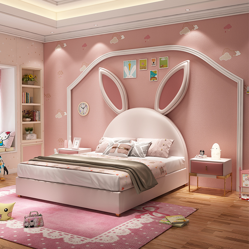Internet celebrity light luxury ins creative pink girl princess technology fabric rabbit bed 1 8 meters solid wood children's room furniture