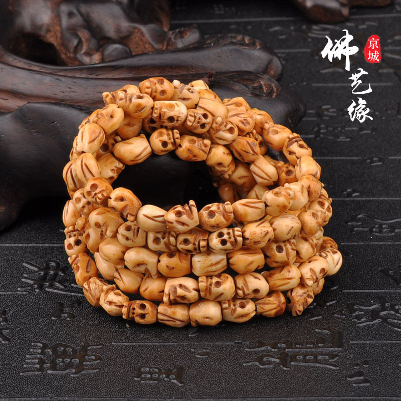 Natural yak bone retro engraved skull 108 beads bracelet bracelet bracelet necklace Tibetan rosary accessories
