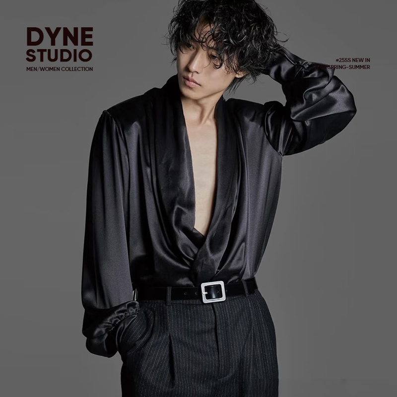 Dyne Studio Designer Style Celebrity-Inspired Roman Cut Silk Black Long-Sleeve Shirt 8759