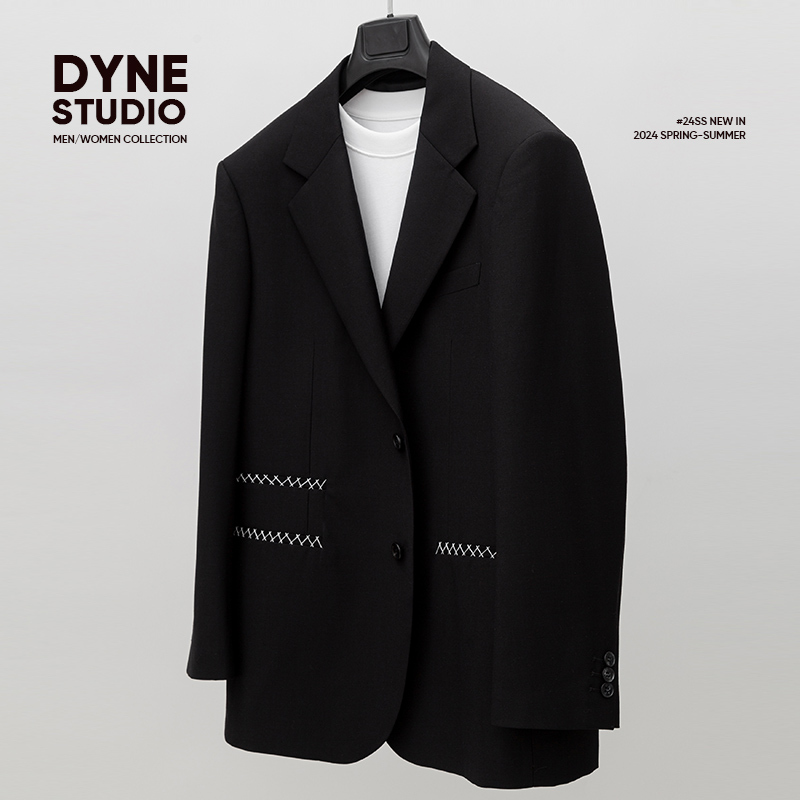 Dyne Studio Celebrity-Style Hand-Stitched White Thread Trim Wide Lapel Vintage Suit Jacket for Men 8913