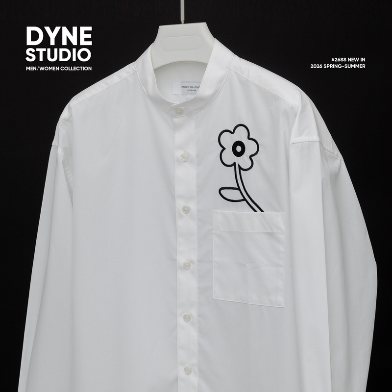 Dyne Studio Stand-Up Collar Floral Embroidered Poplin White Casual Long-Sleeved Shirt for Men and Women 8541 Dyne Studio Stand-Up Collar Floral Embroidered Poplin White Casual Long-Sleeved Shirt for Men and Women 8541