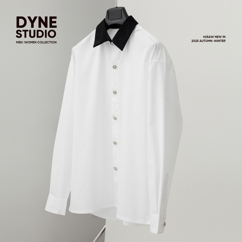 Dyne Studio White Velvet Contrast Collar Poplin Cotton Loose-Fitting Chanel-Style Long-Sleeve Shirt 8586