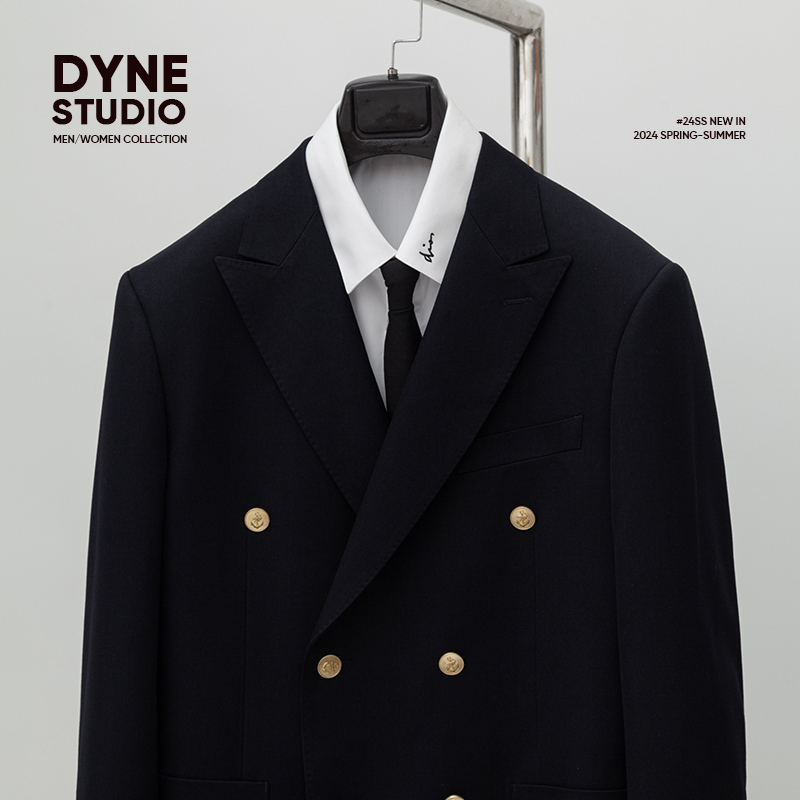 Dyne Studio College Style Navy Blue Double-Breasted Copper Button Suit Jacket for Men 8929