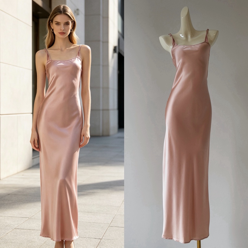 S 【In Stock】Gentle Pink Satin Long Dress Square Neck Slim Fit Waist Dress S 【In Stock】Gentle Pink Satin Long Dress Square Neck Slim Fit Waist Dress