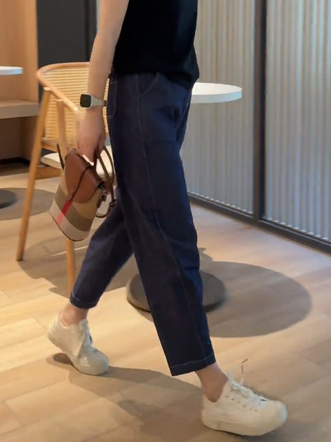 Thin Denim Pants for Women, Loose Harem Pants, Summer Petite Versatile Carrot Pants, High-Waisted Cropped Pants, Slimming Dad Pants