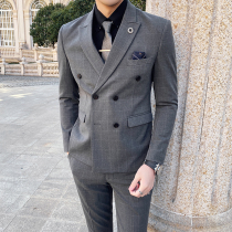 Plaid Suit Men Suit Casual Trend Groom Wedding Men West Suit Korean Version Sashimi Business Double Row Buttoned Jacket