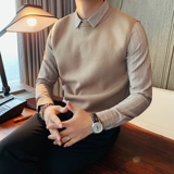 Комплект, рубашка, демисезонный свитер, мужской трикотажный пиджак классического кроя в английском стиле, имитация рубашки, облегающий крой, в британском стиле