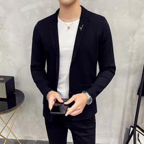 Knitted cardigan mens outer wear spring and autumn Korean trend suit collar mens sweater coat slim handsome mens clothing