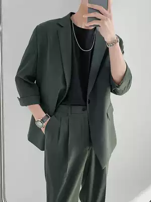 Light mature wind seven-point sleeve casual suit men's suit Spring and Autumn New Korean version of loose mid-sleeve men's suit two-piece