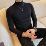 Демисезонный осенний однотонный трендовый приятный телу лонгслив для отдыха, высокий воротник, облегающий крой