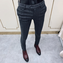 Autumn and winter thickened business woolen trousers men plus velvet warm casual pants slim foot trousers herringbone suit pants