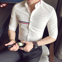 Shirt mens three-point sleeve summer British style short-sleeved shirt Korean version of the trend slim-fitting handsome hair stylist mid-sleeve shirt