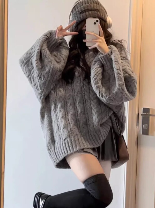 Thickened Version! High-End V-Neck Gray Cable Knit Sweater for Women, Spring Wear, Loose Fit, Vintage Lantern Sleeves, Knitted, Lazy Style