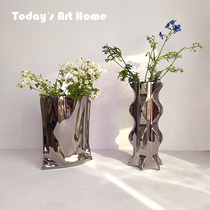 Modern Art Home Plated Silver Vase Living Room Light Lavish Ceramic Paper Bag Floral Folk Restaurant Flower Arrangement Pendulum
