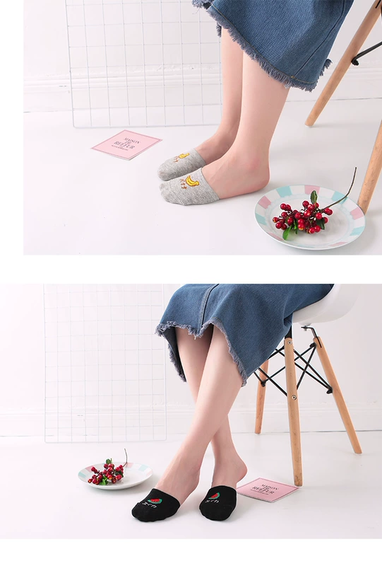 Vớ nửa chân nữ phía trước vớ mùa hè mỏng cotton vớ Hàn Quốc Nhật nửa vớ vớ vô hình chống trượt thuyền vớ nữ thủy triều - Vớ bông