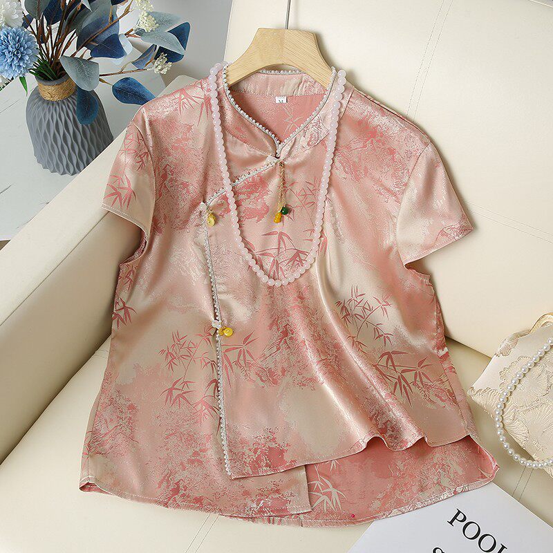 2025年夏季新中式复古国风提花短袖上衣女时尚透气百搭小衫