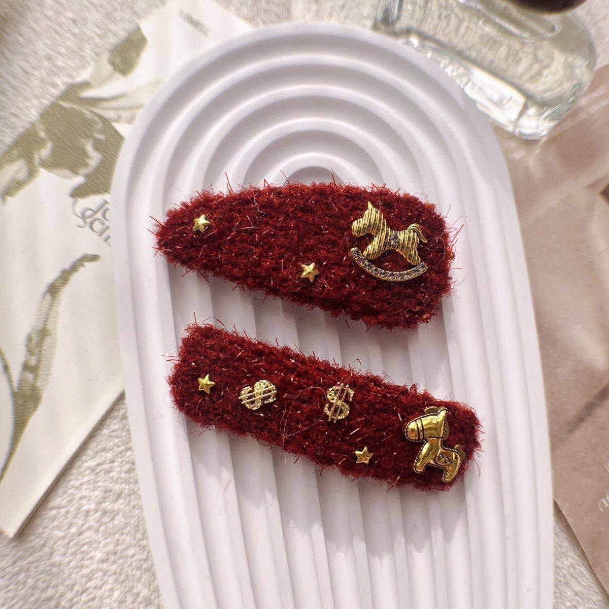 New Year's Atmosphere Red Plush Pony Hair Clip Side Clip Fringe Clip Bb Clip Hair Accessory for Women