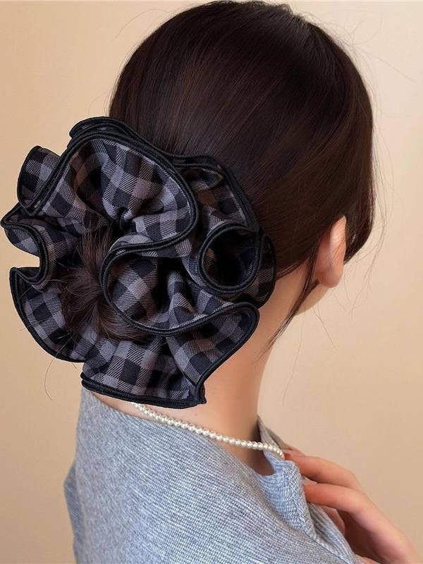 Korean-Style Plaid Fabric Scrunchie with a High-End Feel, Four-Layered Edge-Locking Hair Tie, Vintage High-Elasticity Hair Band for Women