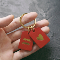 (Inside handmade) handmade cowhide red card keychain constellation pendant license plate can be customized