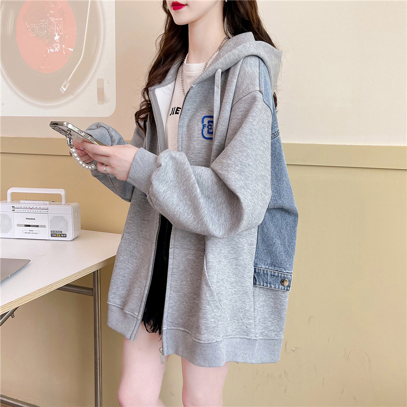 Plus Size Fat Girl 100-150kg High-End Versatile Hooded Denim Jacket Women's Korean Style Loose Cardigan Sweatshirt Jacket