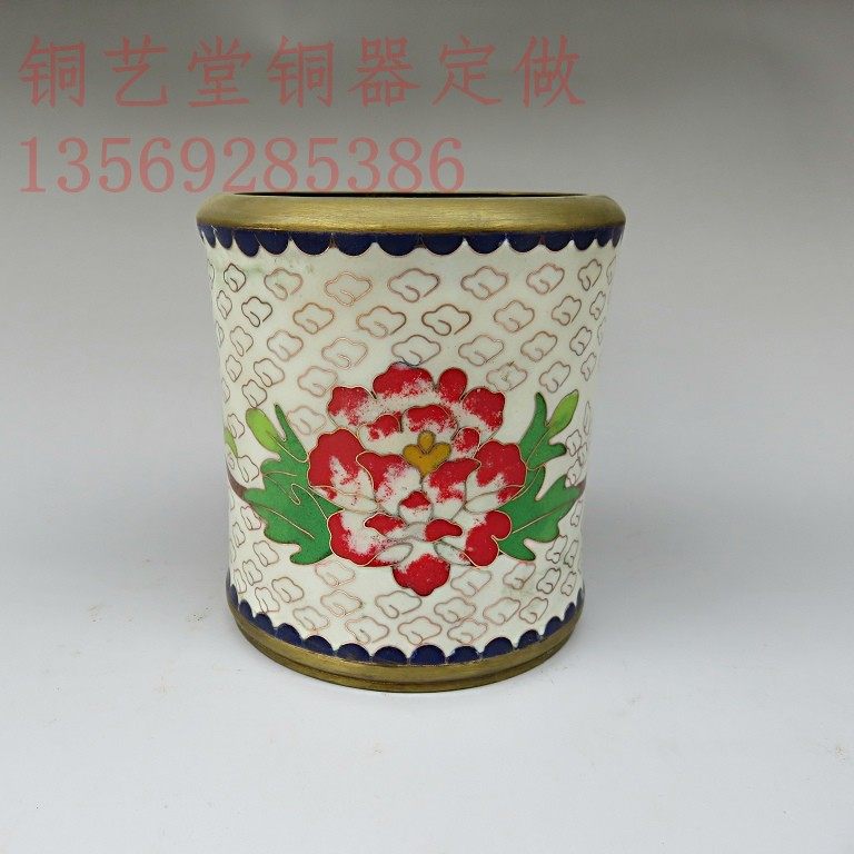 Cloisonne antique pure copper flower pattern pen holder copper choke enamel enamel incense tube thickened collection copper ornaments