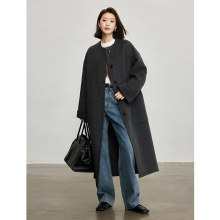 Woolen coat in three years old store, three colors, exclusively customized by Butterfly River, versatile round neck, double-sided straight tube silhouette, long woolen coat for women