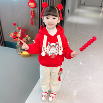 Winter girls Western style suit 2022 new little girl Chinese style girl baby plus velvet thick sweater two-piece set