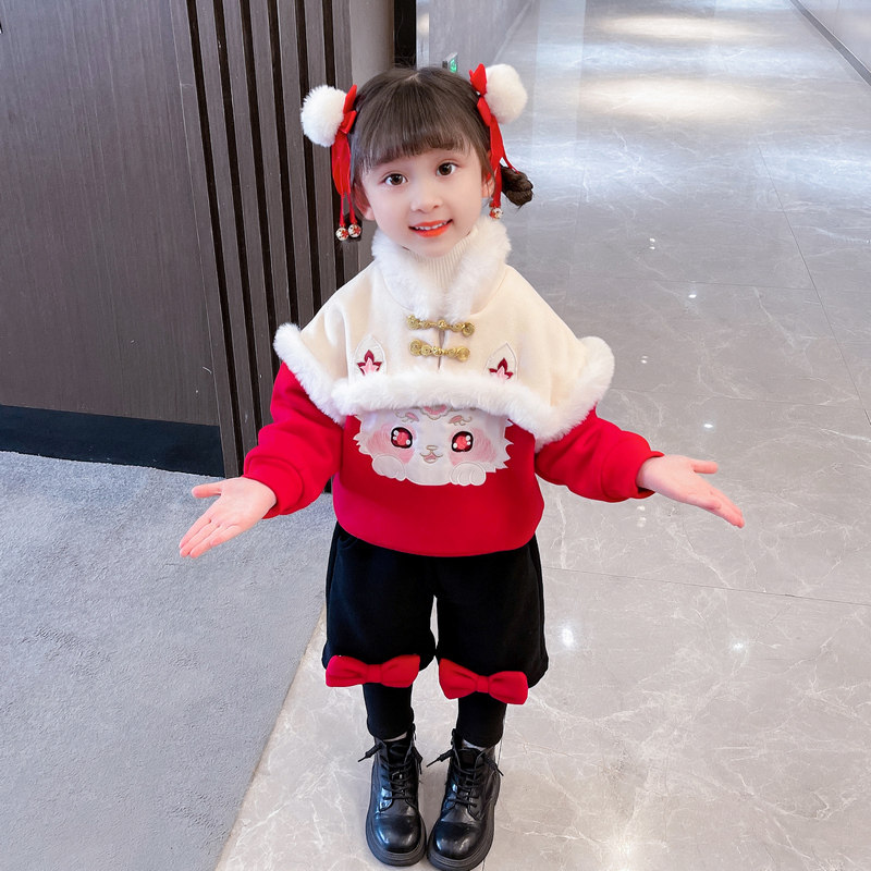 Girls New Year's greetings suit winter one-year-old baby girl pure cotton 2022 new Chinese style foreign style girl two-piece set