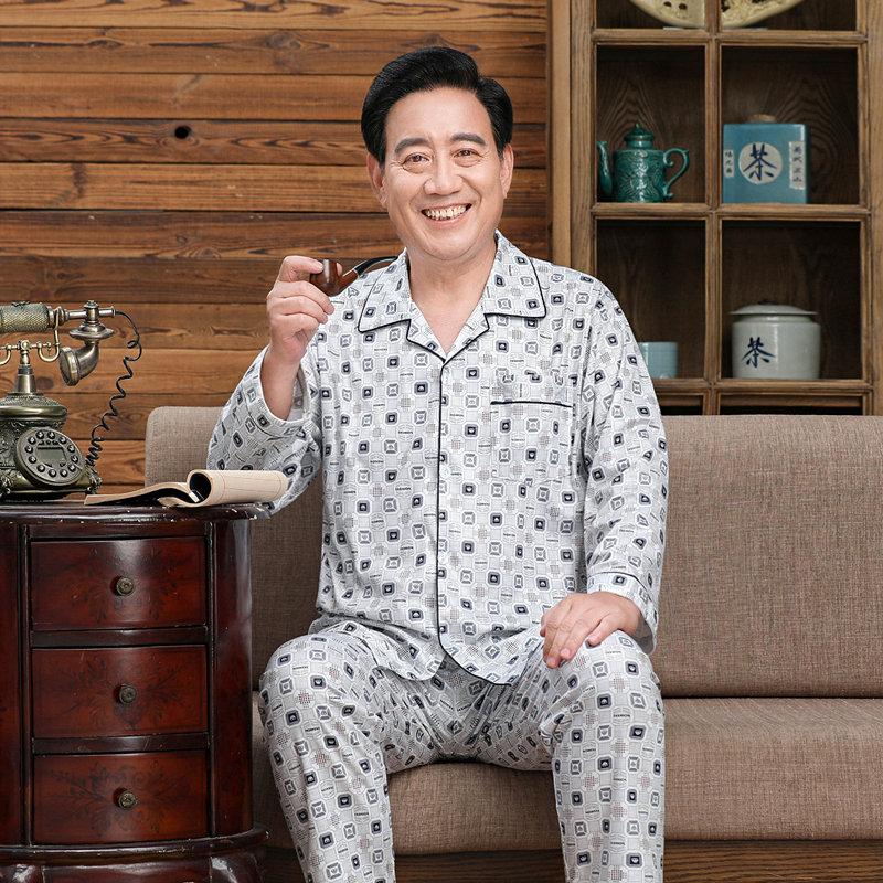 Middle-Aged and Elderly Men's Pajamas Spring and Autumn Thin Pure Cotton Long-Sleeved Dad's Plus Size Cardigan Home Wear Set