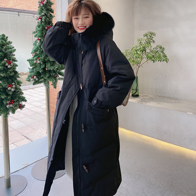 2022 Winter new down jacket Women's medium long version Thickened Fashion Great Fur Collar Horn Button Poetry Wenxia Jacket Tide