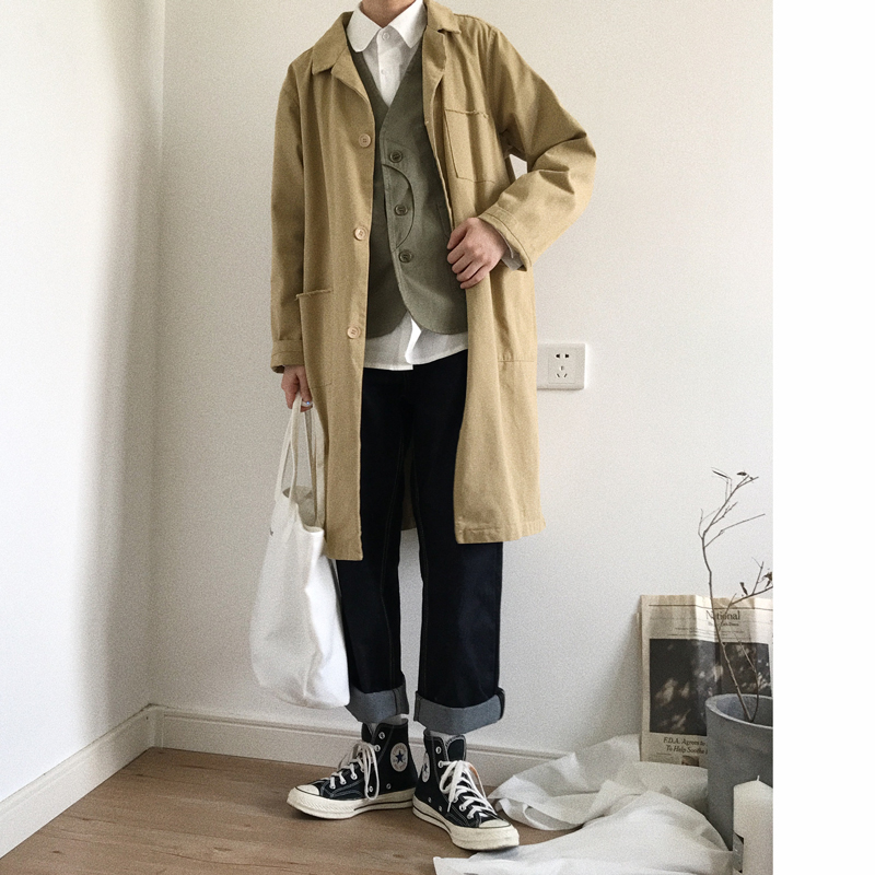 J / W Nhật Bản retro văn học đại học hoang dã dài đơn giản áo ngực mỏng áo khoác nam và nữ áo gió giảm cân