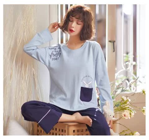 Bộ đồ ngủ nữ mùa thu cotton dài tay có thể mặc phiên bản Hàn Quốc của bộ đồ rộng rãi cộng với phân bón XL chất béo mm200 kg bộ mặc nhà thu đông