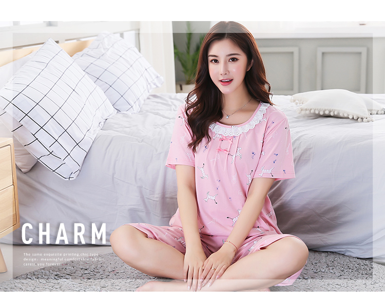 Thêm kích thước lớn nữ đồ ngủ mùa hè cotton ngắn tay áo lỏng lẻo cộng với phân bón tăng 200 pound chất béo mm set trung và cũ