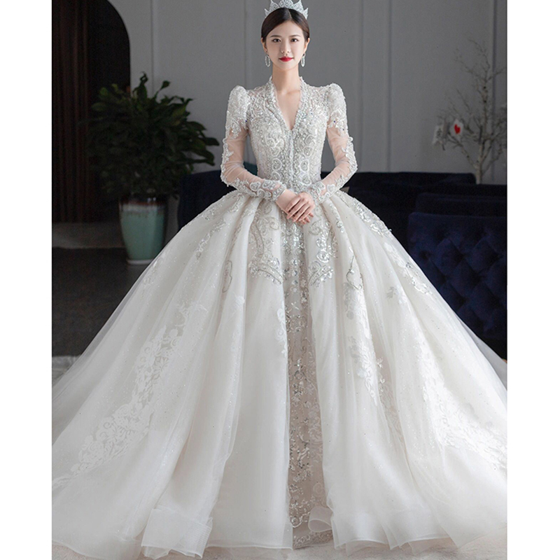 Main wedding dress 2022 new bridal long sleeve spring summer heavy industry court word shoulder temperament big tail princess Qidi