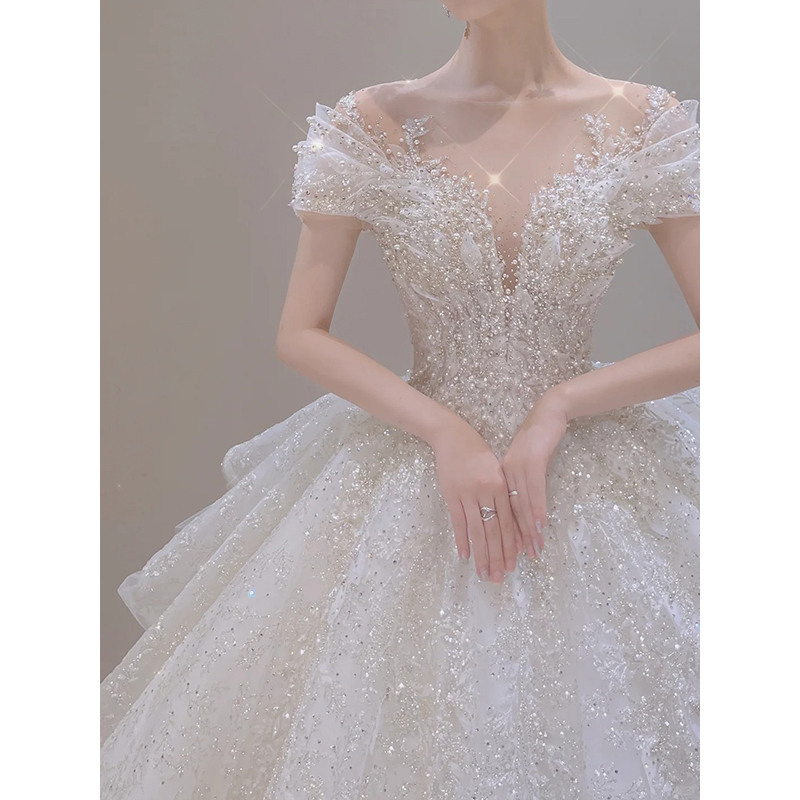 Main wedding dress bride 2024 new high-quality one-shoulder French heavy industry pregnant women trailing out of the house summer gauze