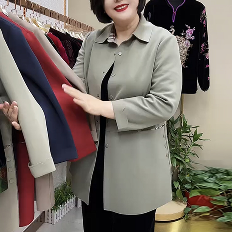 Spring Casual Trench Coat for Middle-Aged and Elderly Mothers, 50-60 Years Old, Mid-Length, Plus Size, Tummy-Covering, Slimming, Solid Color, Lapel Jacket
