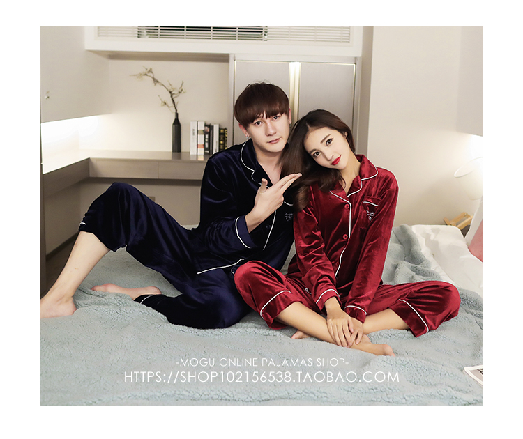 Bộ đồ ngủ nhung đôi phiên bản Hàn Quốc của quần dài tay khóa mở dịch vụ tại nhà nhung vàng hai mảnh mùa thu nam và nữ kiểu áo đồ bộ